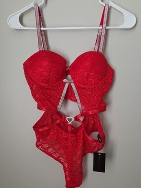 BodyRage Red Lace Strappy Heart-Accent Teddy Bodysuit